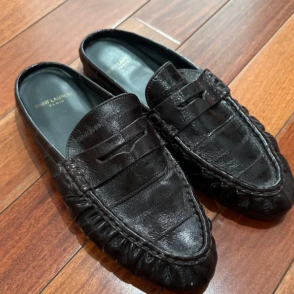Saint Laurent Dark Brown Leather Penny Slip-On Mules - Picture 3 of 7